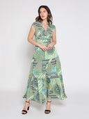 Printed v neck cap sleeve tiered long dress DRESS Gracia Fashion 