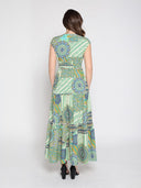 Printed v neck cap sleeve tiered long dress DRESS Gracia Fashion 