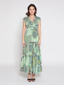 Printed v neck cap sleeve tiered long dress DRESS Gracia Fashion GREEN S 