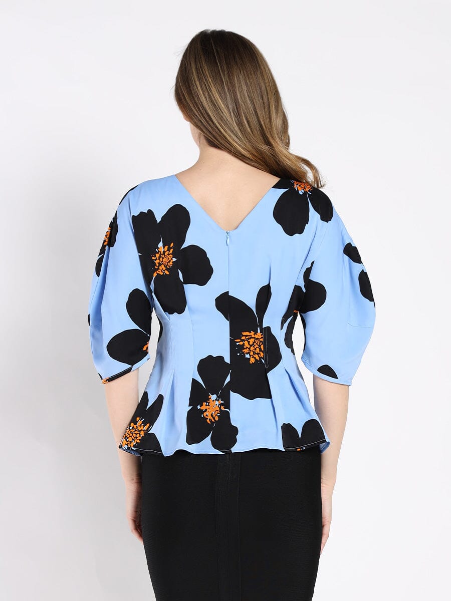 Puff Sleeve Boat Neck Flower-Print Peplum Top TOP Gracia Fashion 