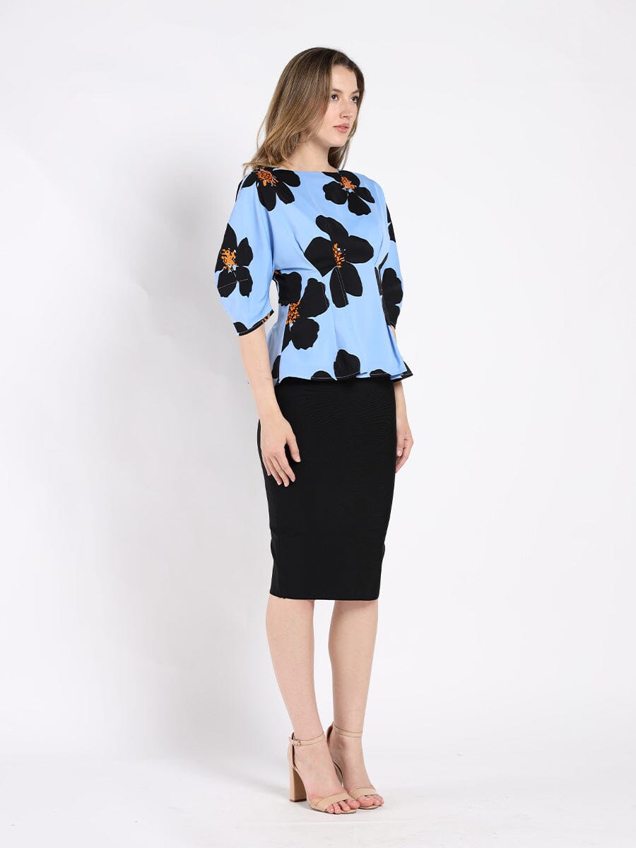 Puff Sleeve Boat Neck Flower-Print Peplum Top TOP Gracia Fashion 