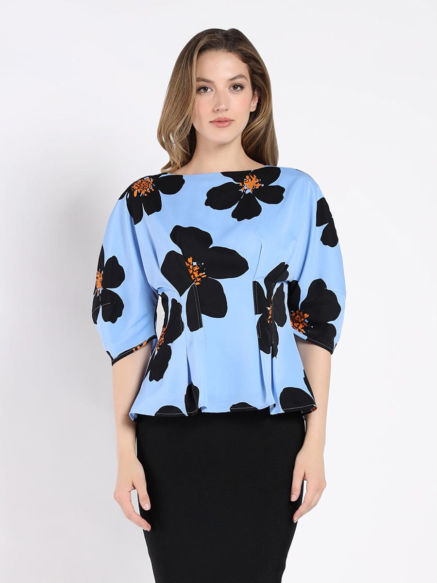 Puff Sleeve Boat Neck Flower-Print Peplum Top TOP Gracia Fashion BLUE S 