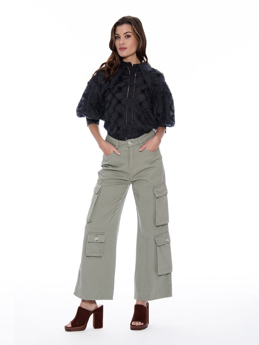 Puff Sleeve Button-Down Collared Solid Top TOP Gracia Fashion 