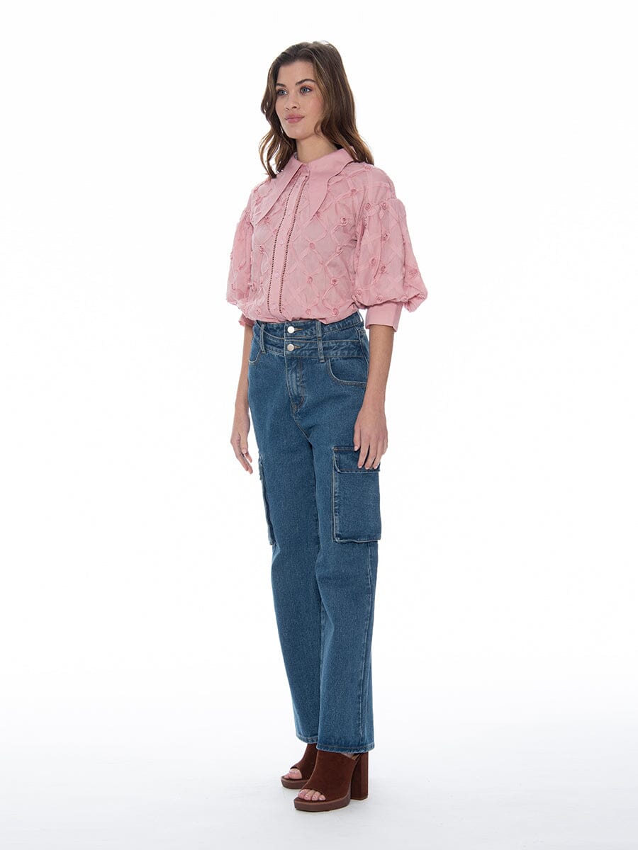 Puff Sleeve Button-Down Collared Solid Top TOP Gracia Fashion 