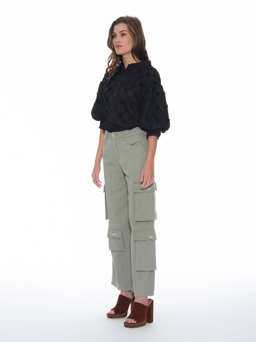 Puff Sleeve Button-Down Collared Solid Top TOP Gracia Fashion 