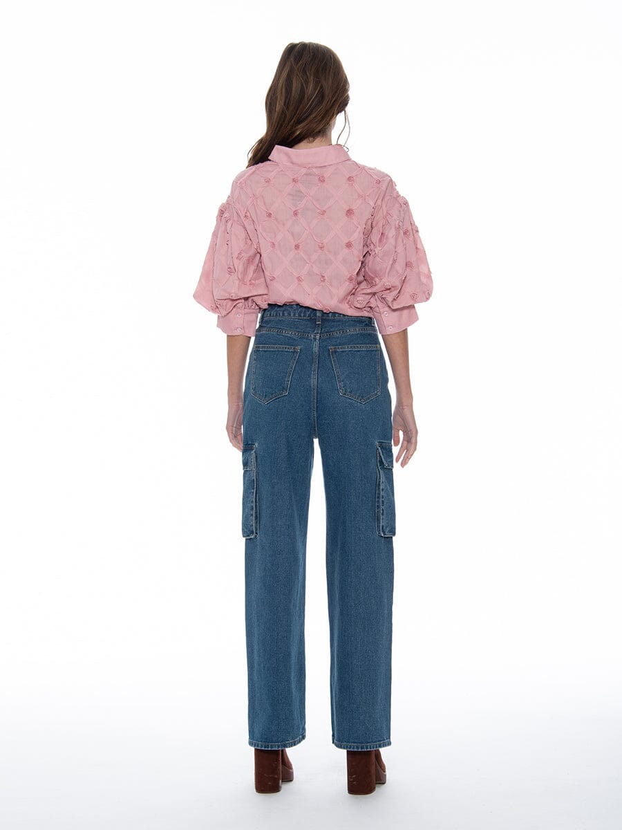 Puff Sleeve Button-Down Collared Solid Top TOP Gracia Fashion 