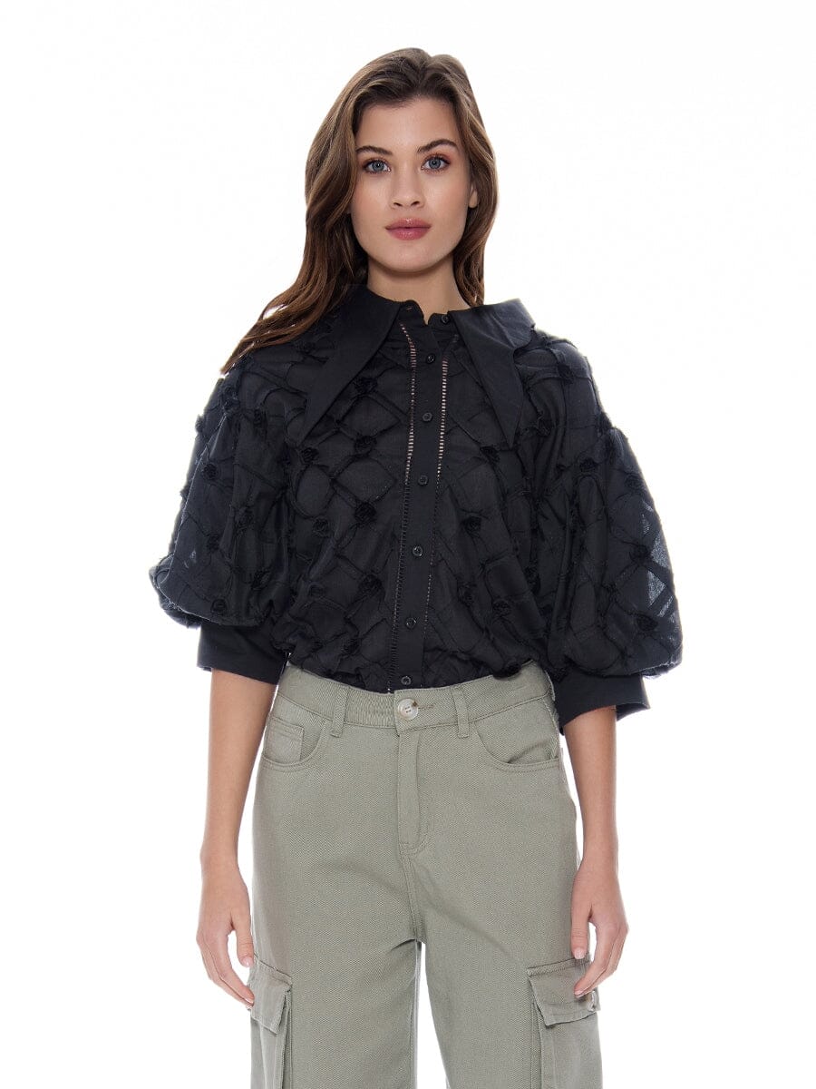 Puff Sleeve Button-Down Collared Solid Top TOP Gracia Fashion BLACK S 