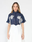 Puff sleeve embroidered organza top TOP Gracia Fashion NAVY S 