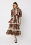 Puff Sleeve Lace Panel Leopard Print Dress DRESS Gracia Fashion 
