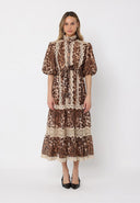 Puff Sleeve Lace Panel Leopard Print Dress DRESS Gracia Fashion BROWN S 