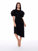 Puff Sleeve Ruched Pocketed Asymmetric Hem Dress DRESS Gracia Fashion 