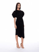 Puff Sleeve Ruched Pocketed Asymmetric Hem Dress DRESS Gracia Fashion 