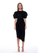 Puff Sleeve Ruched Pocketed Asymmetric Hem Dress DRESS Gracia Fashion BLACK S 