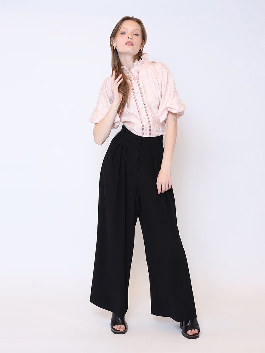 Puff Sleeve Ruffle Collared Button Down Blouse TOP Gracia Fashion LIGHT PINK S 