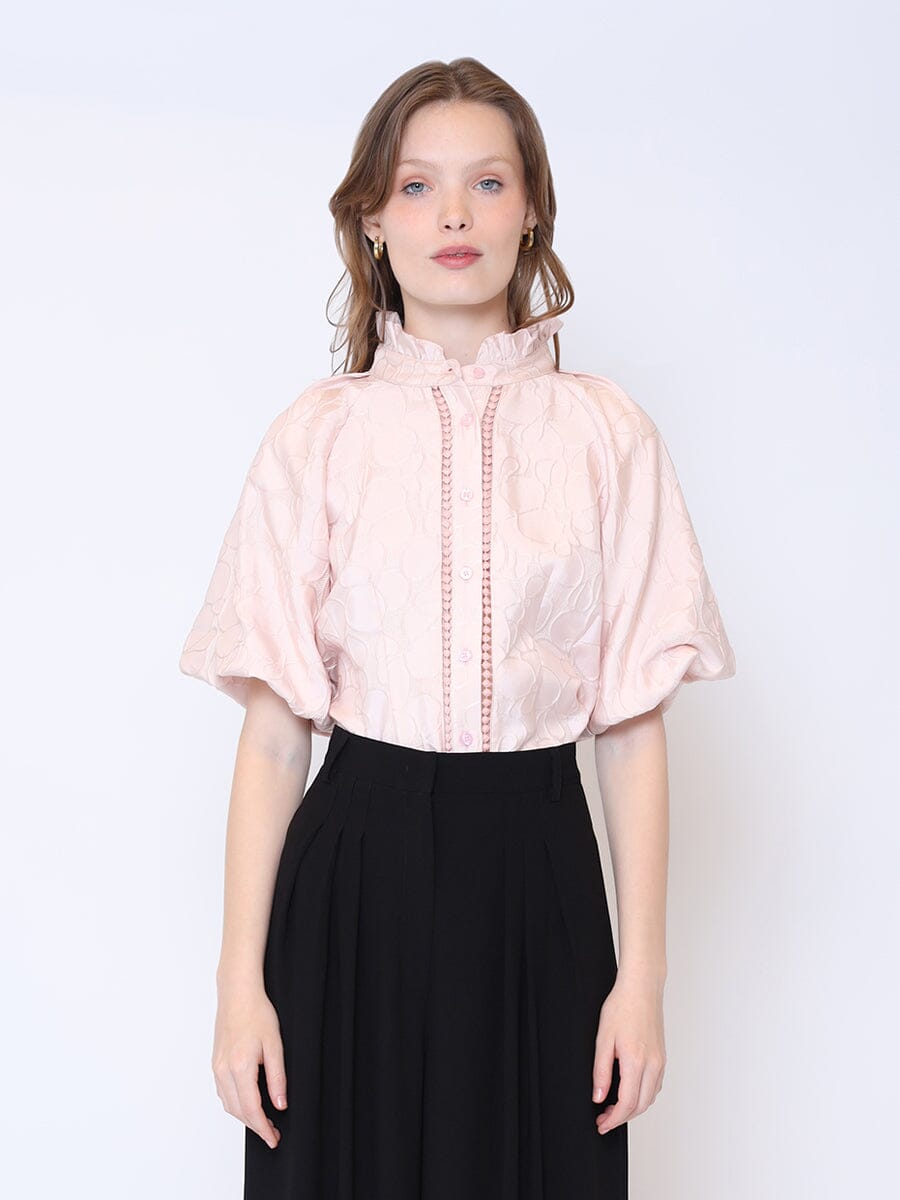 Puff Sleeve Ruffle Collared Button Down Blouse TOP Gracia Fashion LIGHT PINK S 
