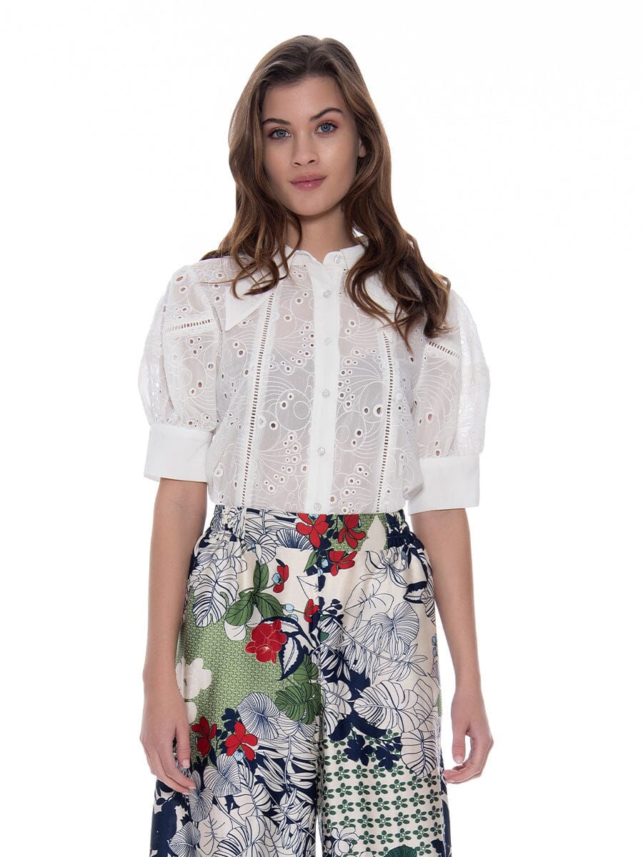 Puff Sleeved Eyelet Button-Down Collared Top TOP Gracia Fashion WHITE S 