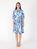 Puffed plated quater sleeve belt dress DRESS Gracia Fashion BLUE S 