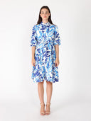 Puffed plated quater sleeve belt dress DRESS Gracia Fashion BLUE S 
