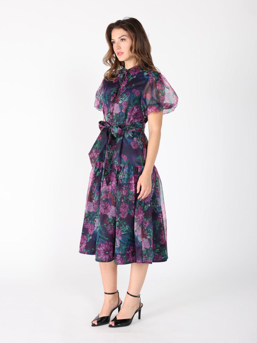 Puffed sleeve band collar belt dress DRESS Gracia Fashion 