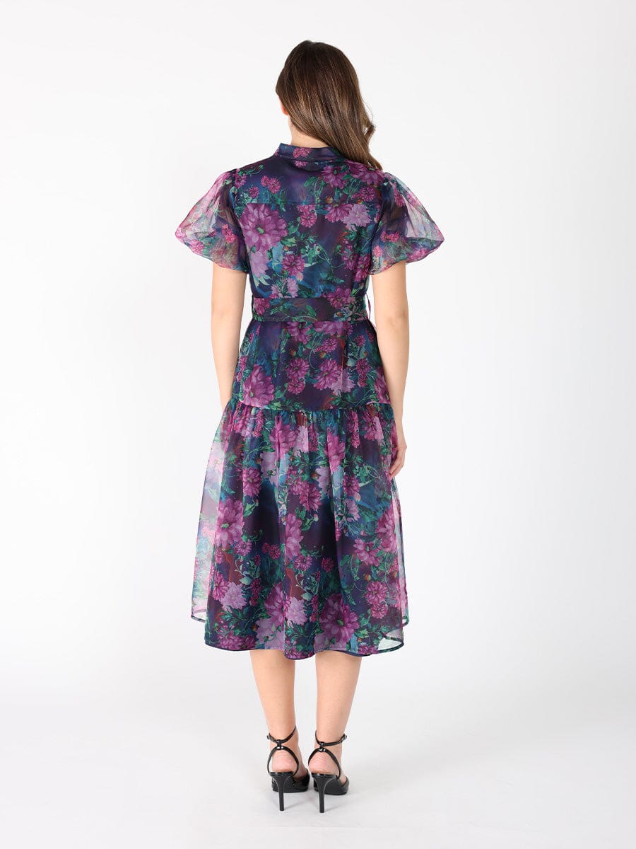 Puffed sleeve band collar belt dress DRESS Gracia Fashion 