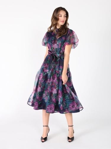 Puffed sleeve band collar belt dress DRESS Gracia Fashion 