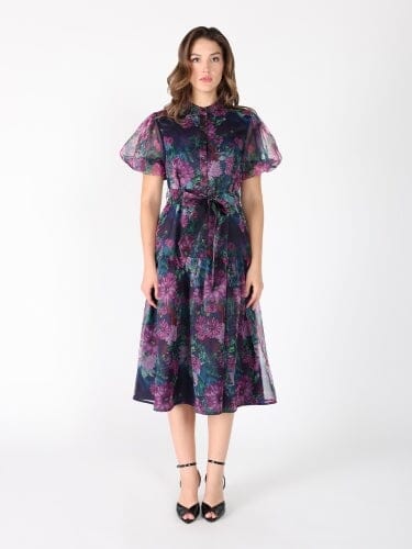 Puffed sleeve band collar belt dress DRESS Gracia Fashion PURPLE S 