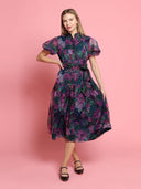 Puffed sleeve band collar belt dress DRESS Gracia Fashion PURPLE S 