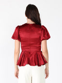 Puffed Sleeve Ruffle Bottom Crew Neck Top TOP Gracia Fashion 