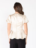 Puffed Sleeve Ruffle Bottom Crew Neck Top TOP Gracia Fashion 
