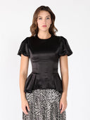 Puffed Sleeve Ruffle Bottom Crew Neck Top TOP Gracia Fashion BLACK S 