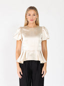 Puffed Sleeve Ruffle Bottom Crew Neck Top TOP Gracia Fashion CREME S 