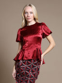 Puffed Sleeve Ruffle Bottom Crew Neck Top TOP Gracia Fashion RED S 