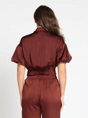 Puffed sleeve v-collar neck lace work top TOP Gracia Fashion 