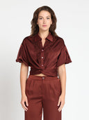 Puffed Sleeve V-Collar Neck Lace Work Top TOP Gracia Fashion BROWN S 