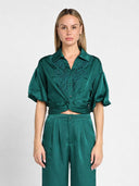 Puffed Sleeve V-Collar Neck Lace Work Top TOP Gracia Fashion HUNTER GREEN S 