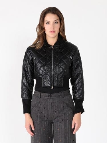 Quilted Rib Cuff Front Zipper Open Jacket JACKET Gracia Fashion BLACK S 