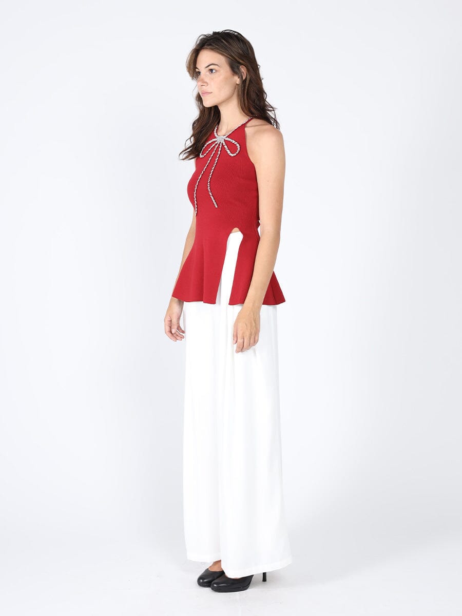 Rhinestone Bow Split Knit Halter Top TOP Gracia Fashion 