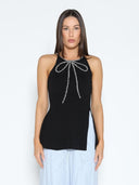 Rhinestone Bow Split Knit Halter Top TOP Gracia Fashion BLACK S 