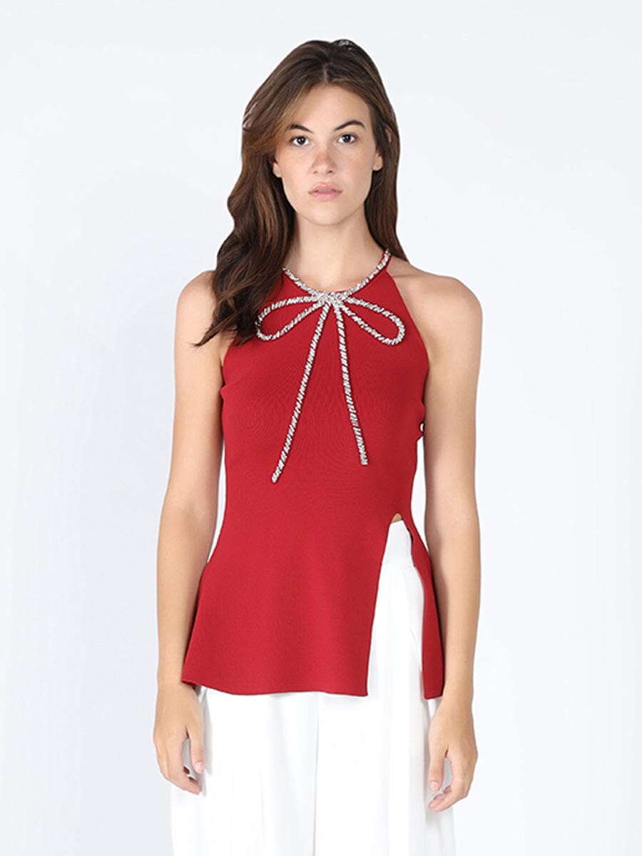 Rhinestone Bow Split Knit Halter Top TOP Gracia Fashion BURGUNDY S 