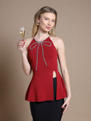 Rhinestone Bow Split Knit Halter Top TOP Gracia Fashion BURGUNDY S 