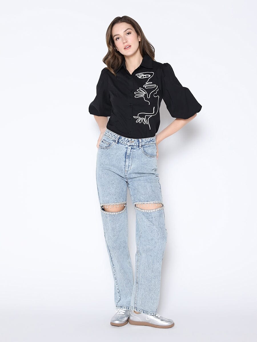 Rhinestone Cut-out Straight Leg Denim Pants PANTS Gracia Fashion DENIM S 