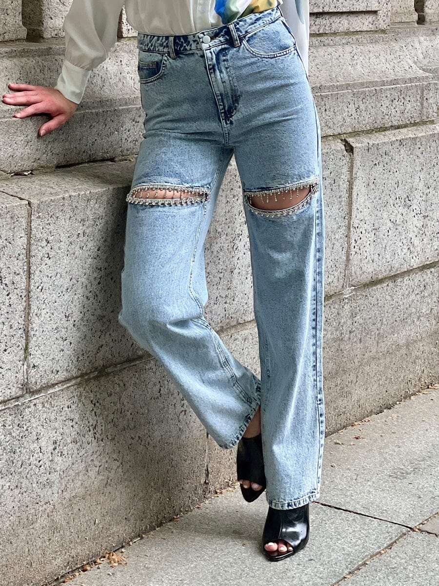 Rhinestone Cut-out Straight Leg Denim Pants PANTS Gracia Fashion DENIM S 