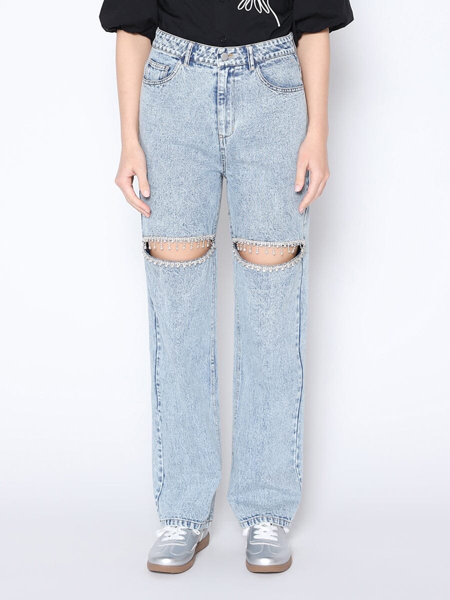 Rhinestone Cut-out Straight Leg Denim Pants PANTS Gracia Fashion DENIM S 