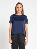 Rhinestone Trim Satin Top Gracia Fashion NAVY S 