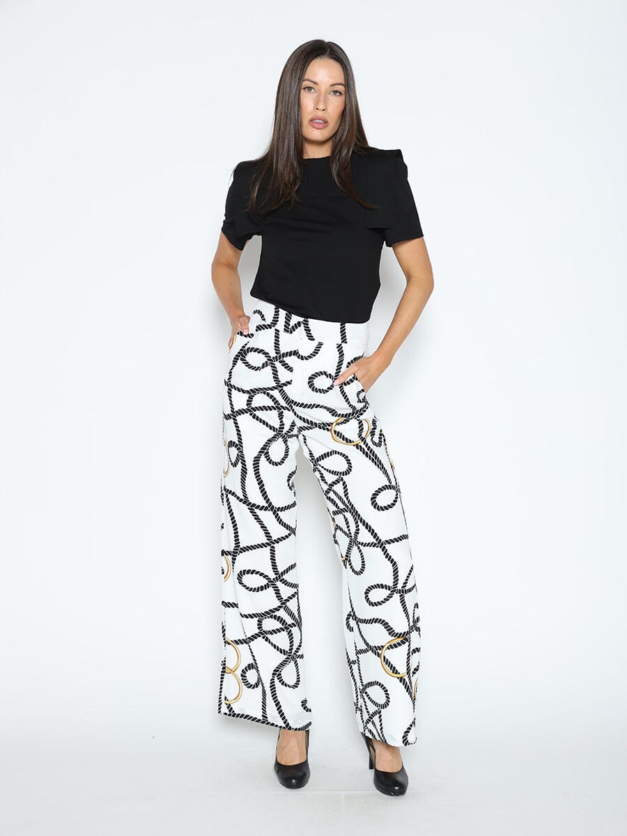 Rope and Ring Print Wide Pants PANTS Gracia Fashion WHITE S 