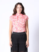 Rose Detail Cap-Short Sleeves Top TOP Gracia Fashion PINK S 