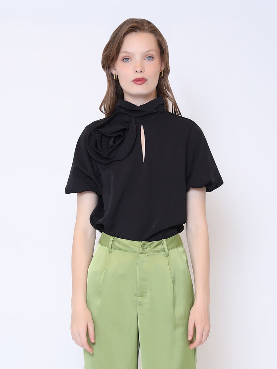 Rose Detail Puff Sleeve Top TOP Gracia Fashion BLACK S 
