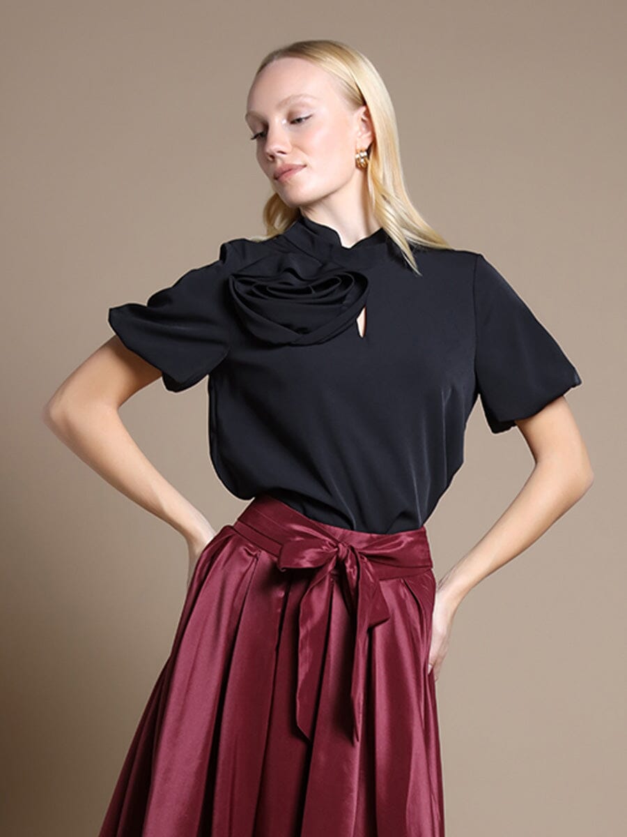 Rose Detail Puff Sleeve Top TOP Gracia Fashion BLACK S 