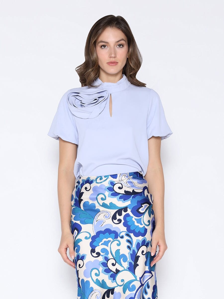 Rose Detail Puff Sleeve Top TOP Gracia Fashion L/BLUE S 