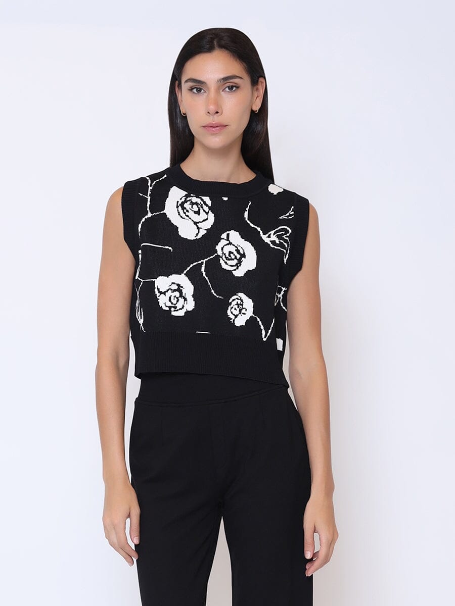 Rose Flower Graphic Art Knit Tank Top TOP Gracia Fashion BLACK S 